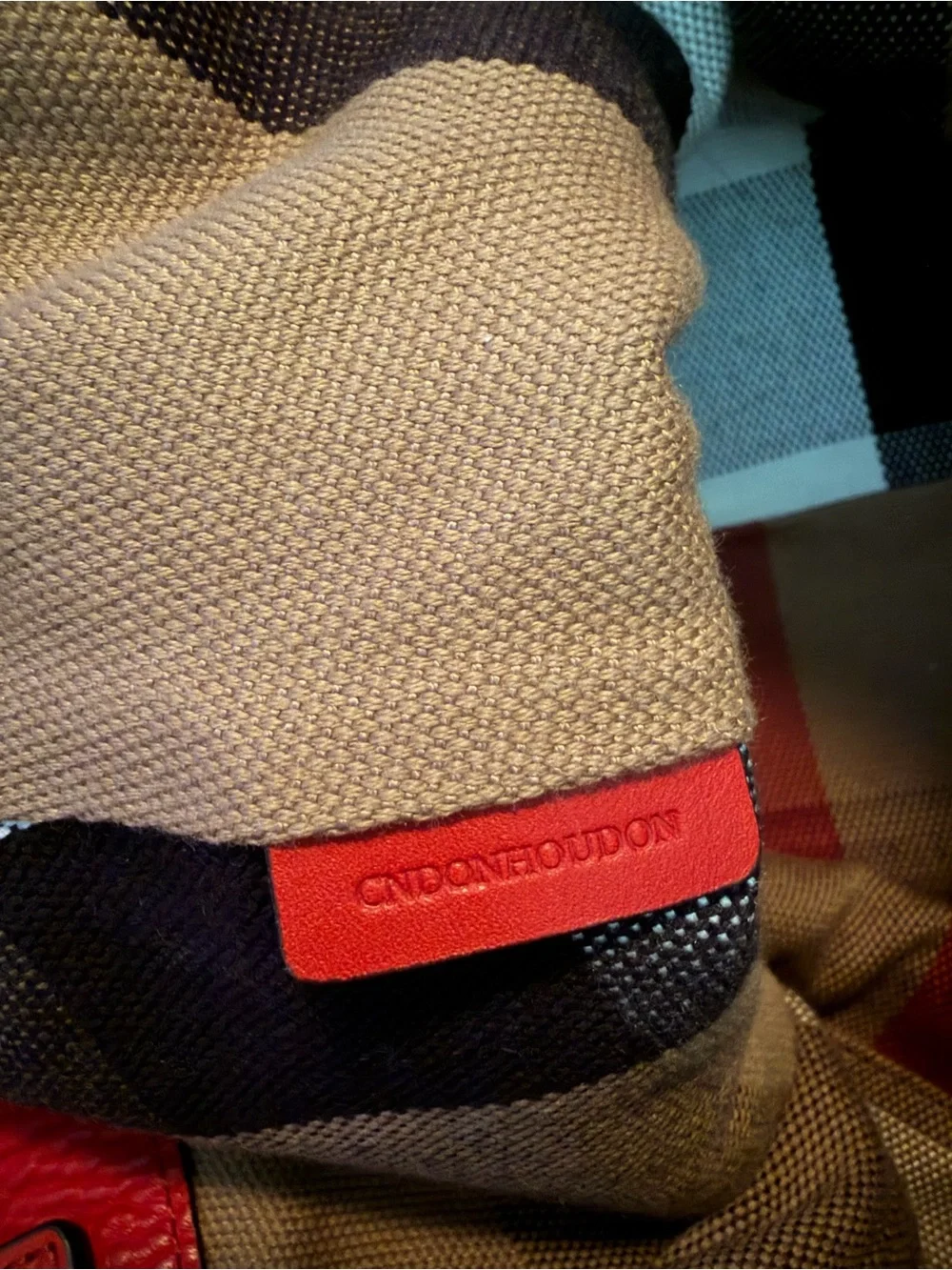 Burberry Red Pebbled Leather Shoulder Bag with Check Canvas Panel